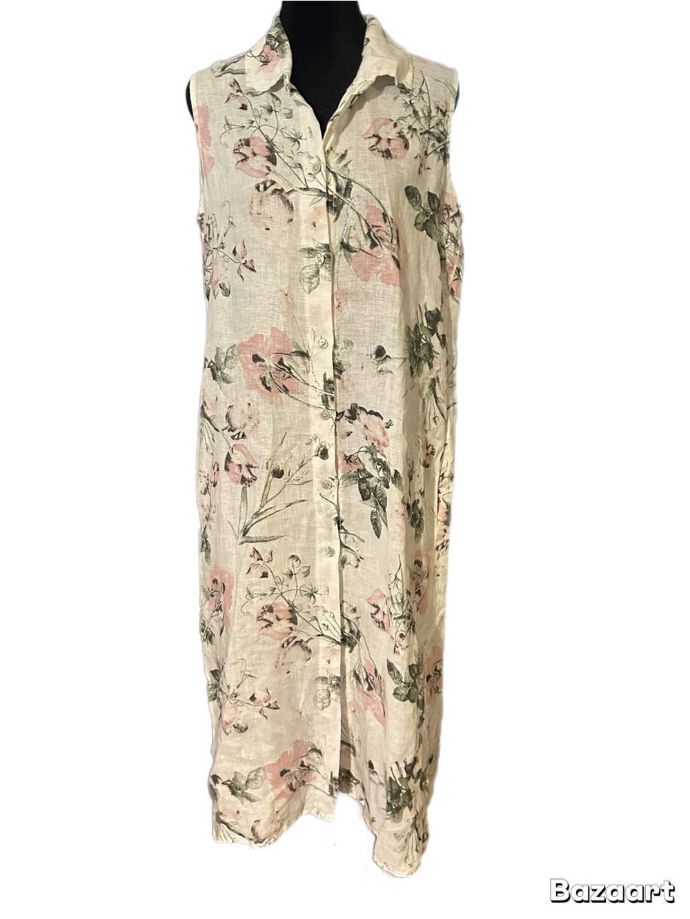 Linen White Sleeveless Midi Dress with Pink Floral Print size M - Picture 4 of 10